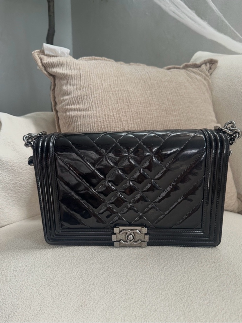CHANEL Black Patent Quilted New Medium Boy Bag with Silver Hardware